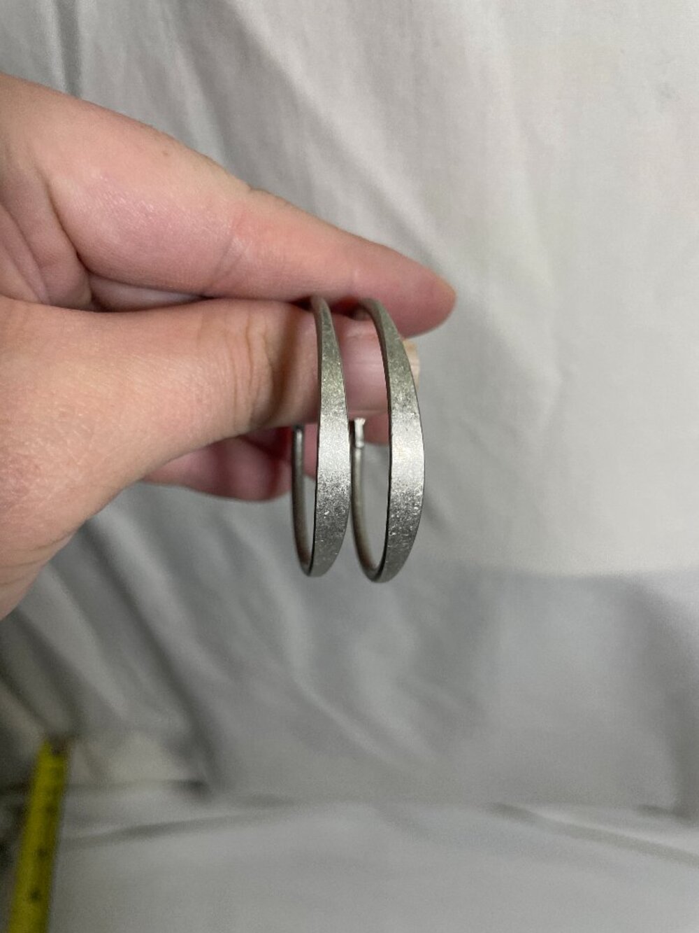 Silver Tone Large Hoop Earrings Textured Flat Metal 2” Classic Statement